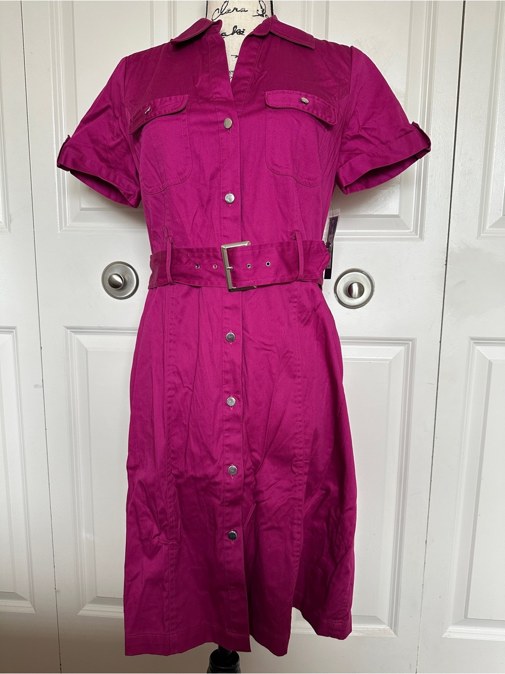 Apt. 9 Purple Solid Shirt Dress Button Front Belted Pockets Short Sleeve 8